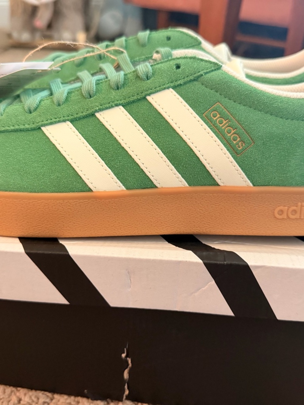 adidas Green Suede Sneakers with White Stripes and Gum Sole